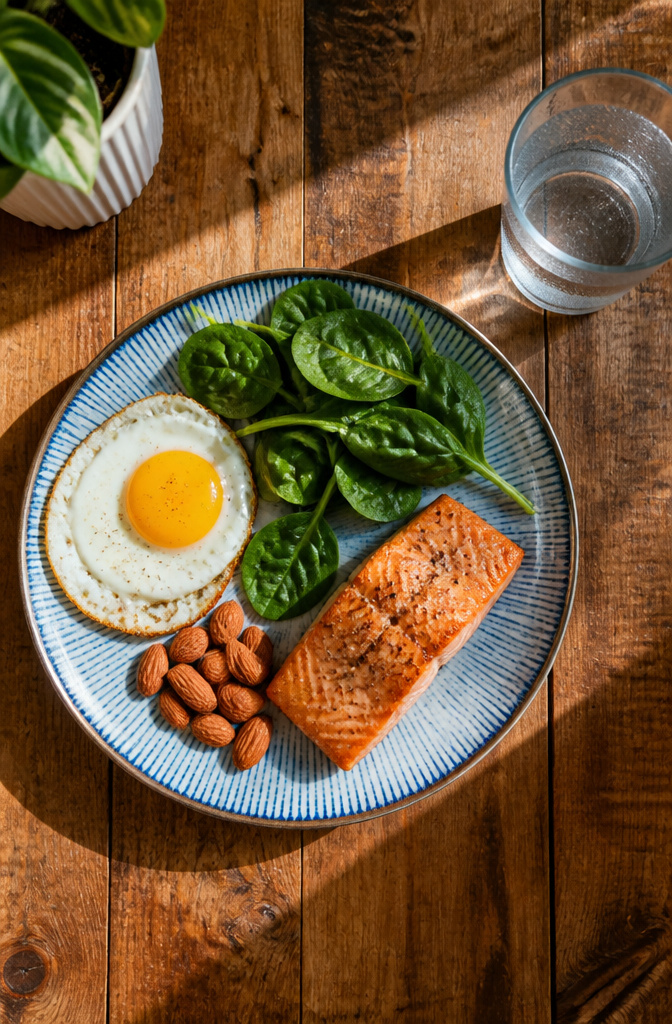 How to Grow Your Hair Faster: 7 Steps Backed by Research 2 Healthy meal featuring eggs, spinach, salmon, and almonds on a plate.