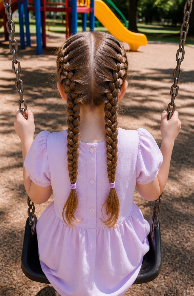 8 Simple Hairstyle Types for School: Quick Morning Styles for 2026 2 Girl with Dutch braids sits on a swing in a playground.