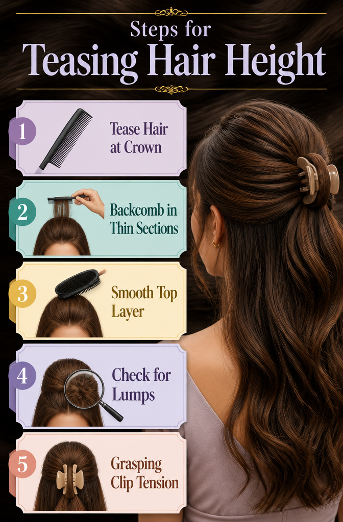 17 Half Up Half Down Hairstyles Claw Clip Ideas for 2026 20 Information image illustrating steps for teasing hair height.
