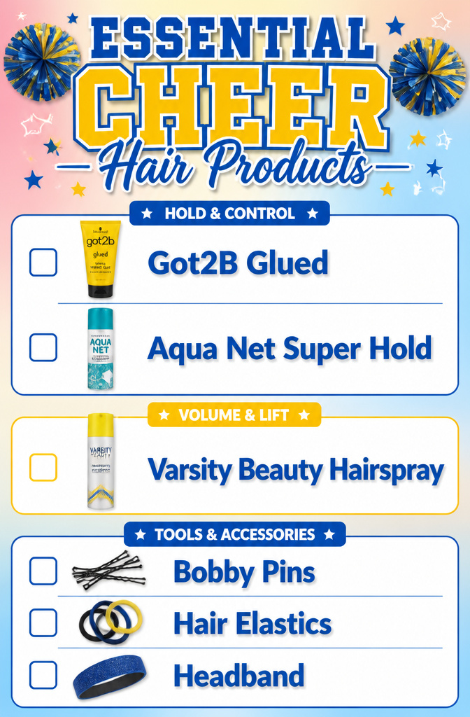 18 Cheer Hair Styles: Ideas for Every Practice and Competition 20 Three essential hair products displayed for cheerleading.