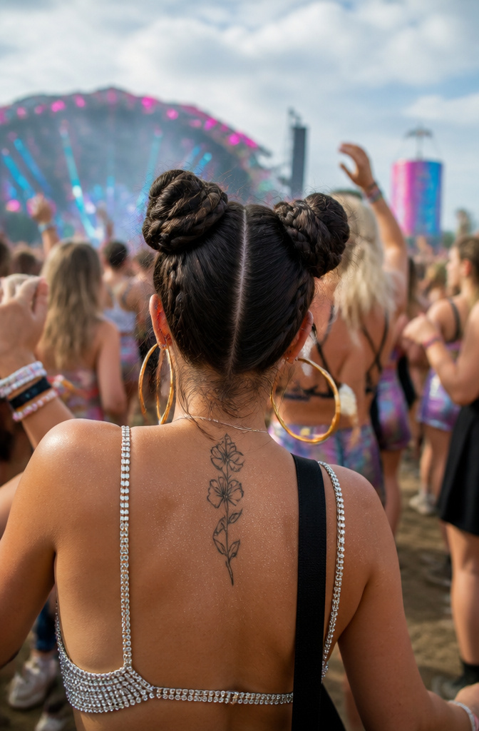 20 Pretty Hairstyles with Braids for 2026 20 Woman with braided space buns crafted from pigtails at an outdoor festival.