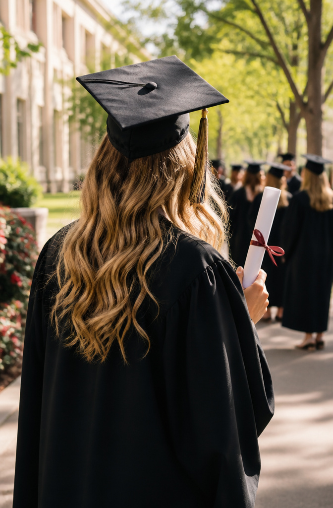 20 Down Hairstyles for Graduation That Work with a Cap 20 Graduate with tousled long hair styled under her mortarboard cap.