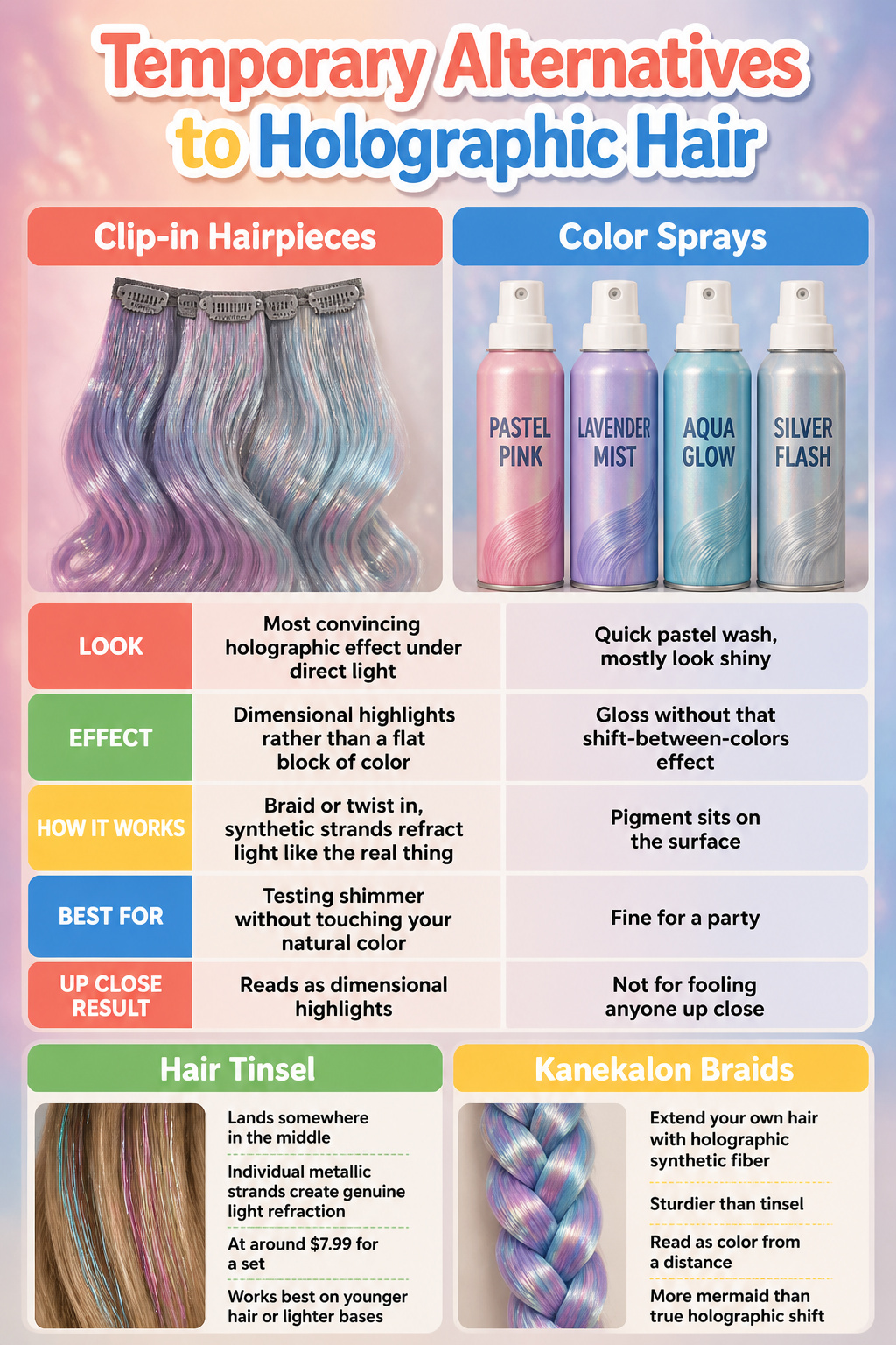 Best Holographic Hair Ideas: Colors, Styles and Techniques for 2026 21 Information graphic about temporary alternatives to holographic hair.