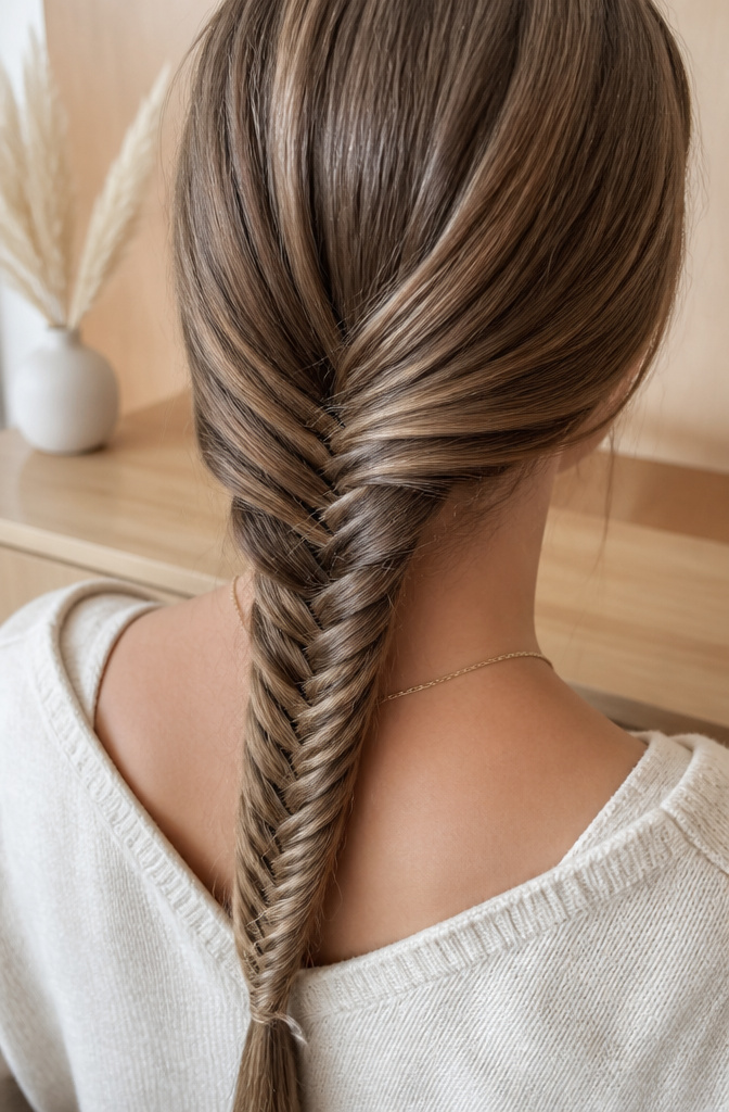 15 Quick Braided Hairstyles You Can Do in Minutes for 2026 3 Woman with medium-length straight hair styled in a fishtail braid.