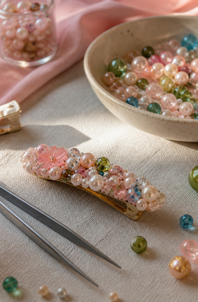 DIY Hair Clips: 12 Ideas for Statement, Bow, Beaded and More 3 Flat hair clip decorated with meticulously arranged colorful beads and crafting tools.