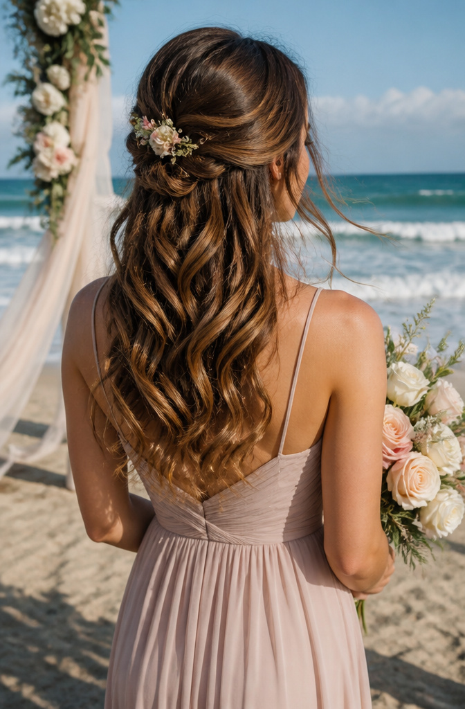 12 Bridesmaid Hairdo Ideas for 2026: Updos, Braids, Waves & More 3 Bridesmaid with loose waves, styled for a garden wedding.