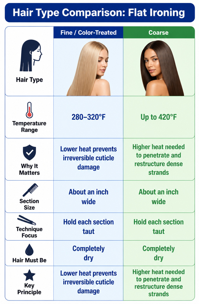 An information image comparing hair types for flat ironing.