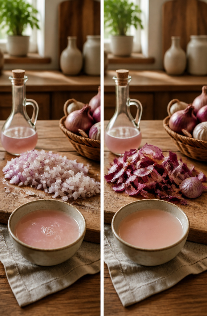 A bowl of raw onion juice on a textured surface.