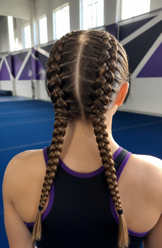 18 Cheer Hair Styles: Ideas for Every Practice and Competition 3 A cheerleader with tight Dutch braids ready for competition.