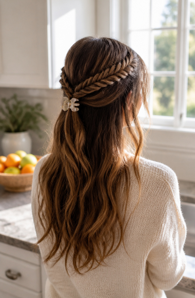 17 Half Up Half Down Hairstyles Claw Clip Ideas for 2026 3 Woman showcasing half-up half-down hairstyle with fishtail braids.