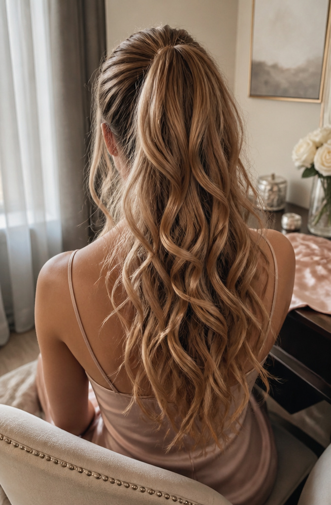 20 Prom Hairstyles for Long Hair: Ideas for 2026 3 A wavy ponytail hairstyle with sleek hair gathered at the crown.