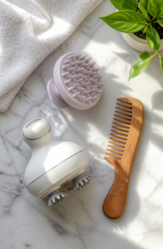Scalp Massage for Hair Growth: Methods, Tools & Techniques 3 Silicone scalp brushes, electric massagers, and wooden combs displayed together.