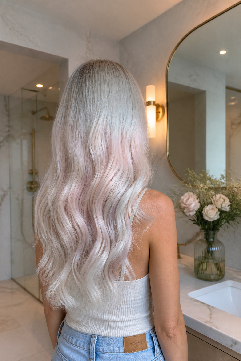 Best Holographic Hair Ideas: Colors, Styles and Techniques for 2026 3 Model with opal blonde hair in a softly lit modern bathroom.