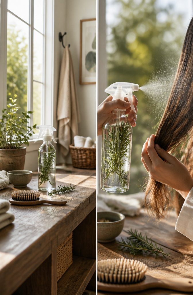 Rosemary Water for Hair Growth: How to Make and Use It at Home 3 Hands spraying rosemary water onto hair roots.