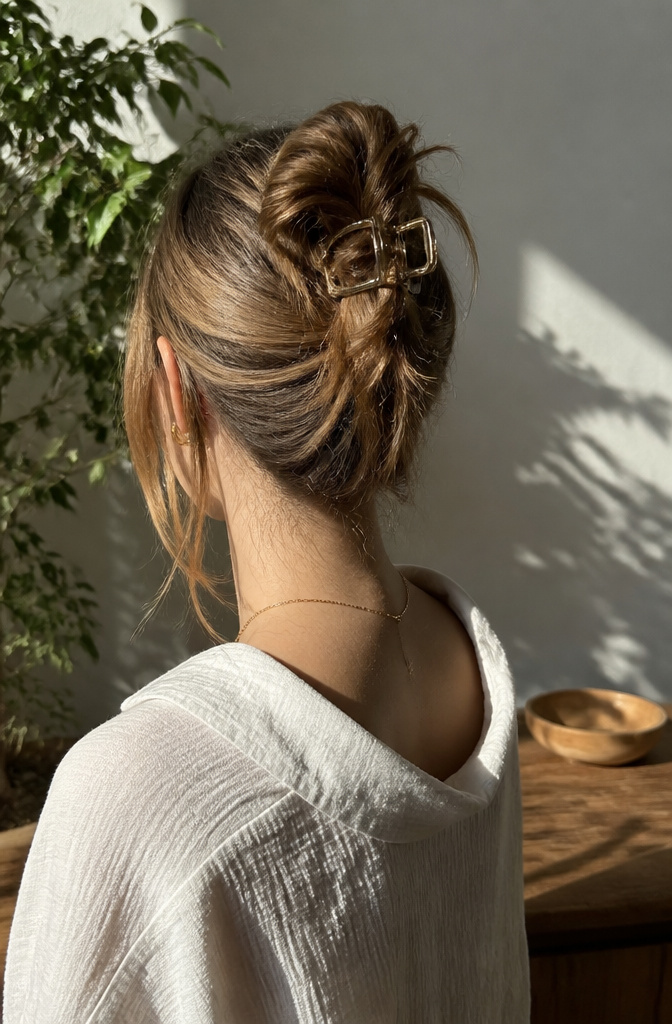 10 Hair Clips Hairstyles for 2026: French Twist, Half-Up, Bun & More 3 Casual loose bun hairstyle secured with a medium claw clip.