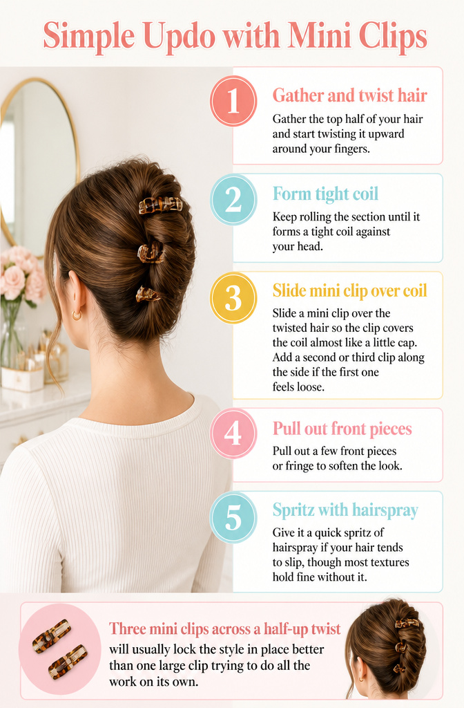 5 Mini Clip Hairstyles for Quick Styling in 2026 3 Simple updo hairstyle secured with mini clips.