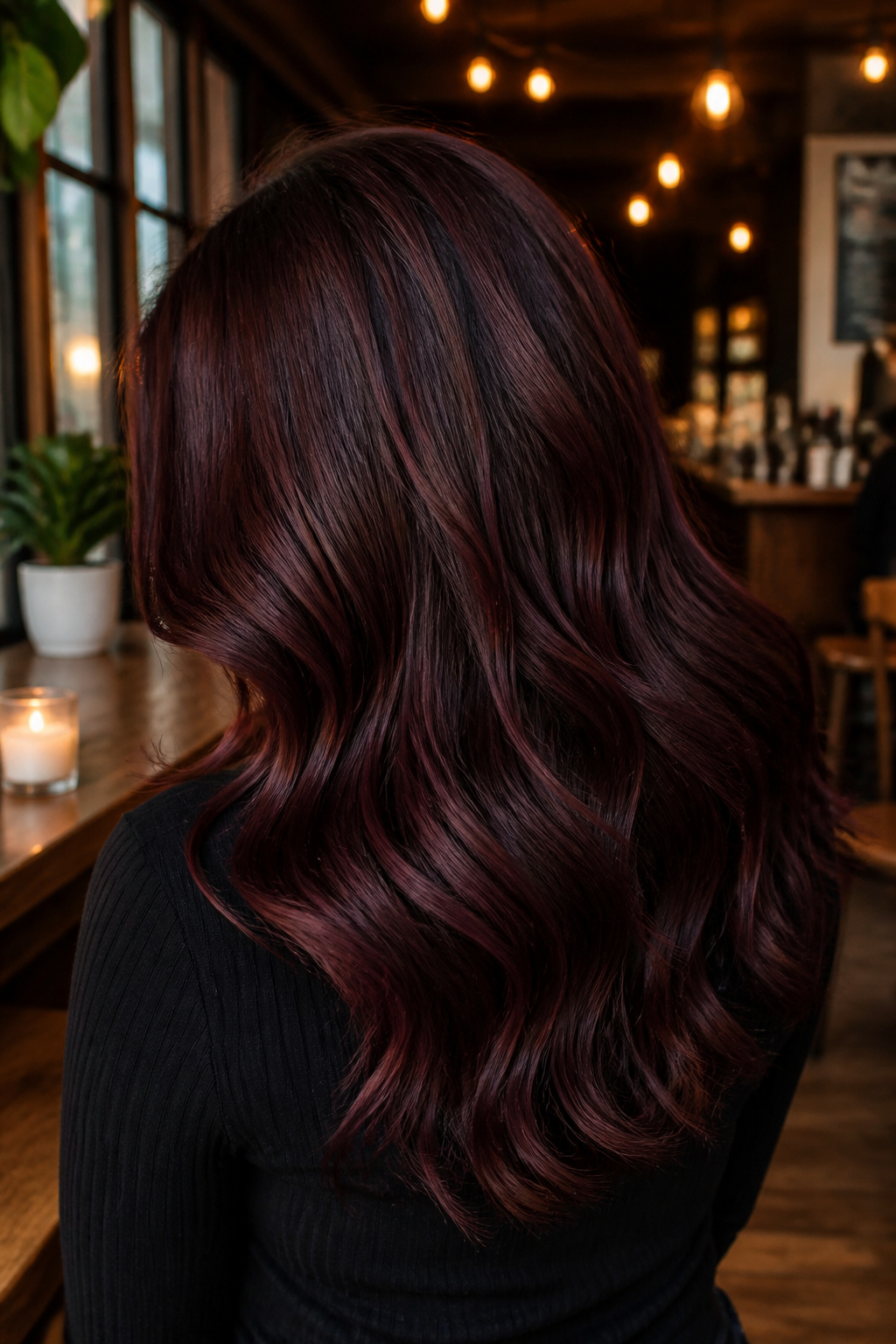 A model with chocolate cherry hair, highlighting subtle burgundy tones.
