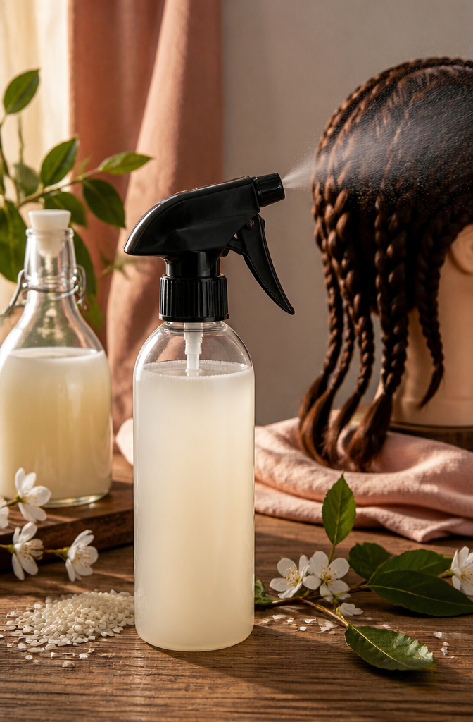 A bottle of As I Am Rice Water Hair Spray on a simple background.