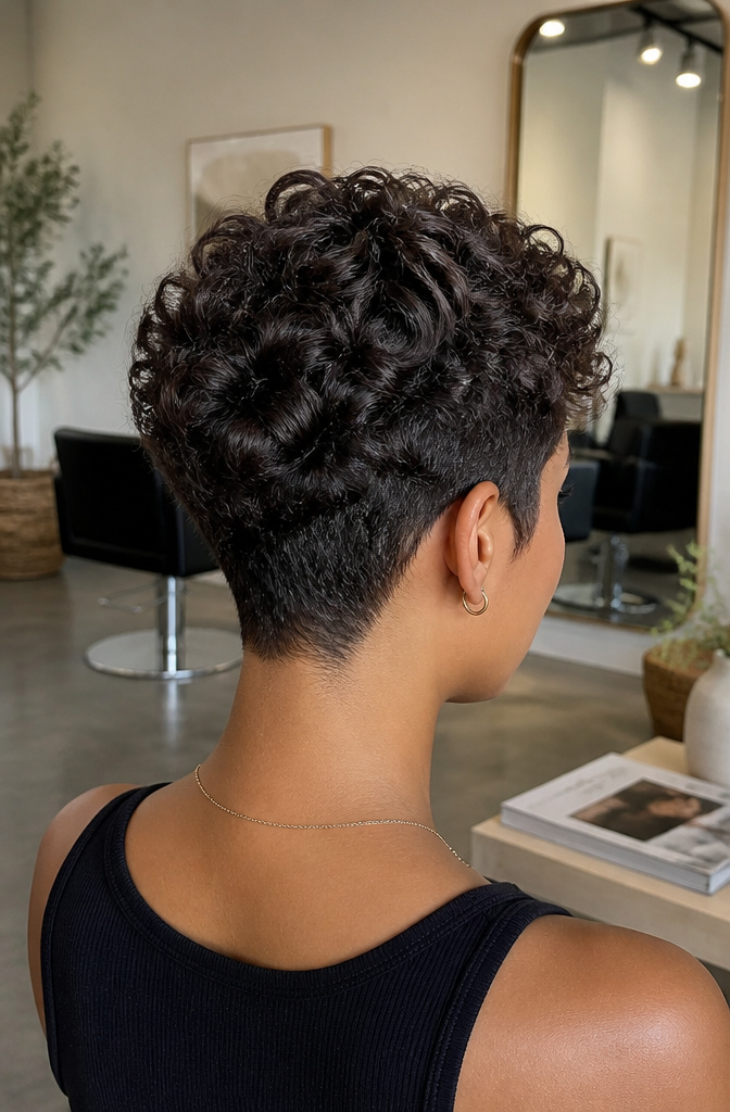 10 Cut Curly Hairstyles: Styles, Tips & What to Ask For in 2026 3 A model displays a short curly pixie cut with defined curls on top.