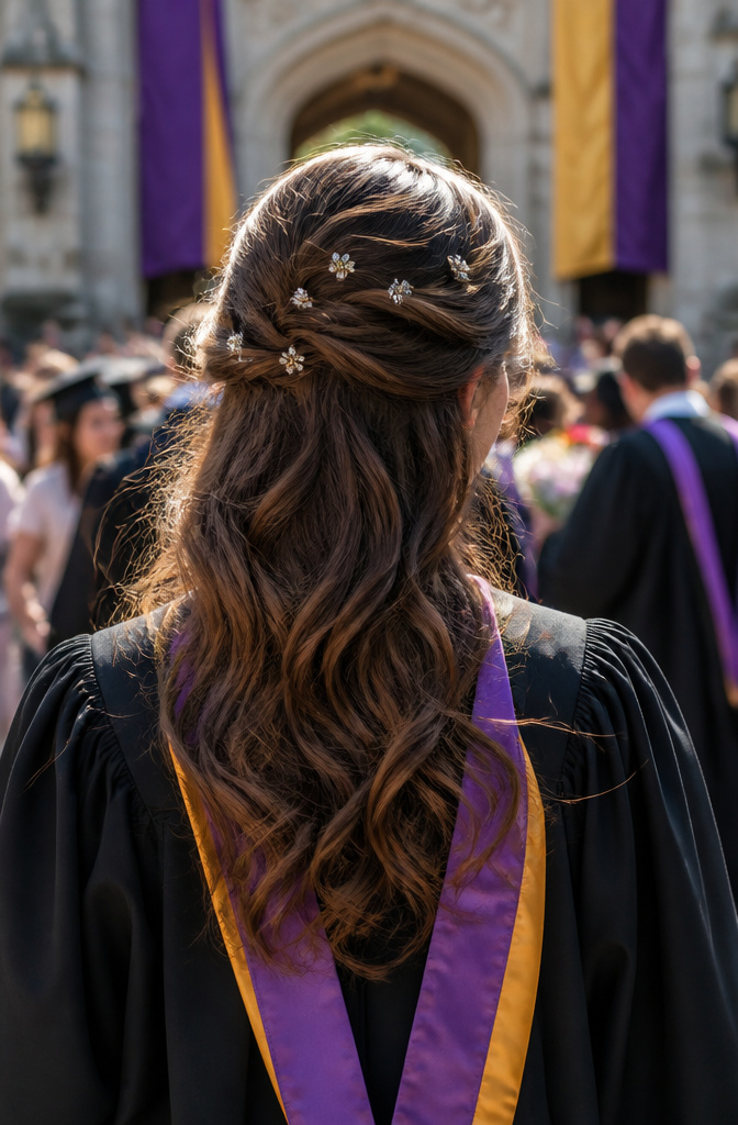 20 Down Hairstyles for Graduation That Work with a Cap 3 Graduate with a half-up, half-down hairstyle showing soft waves.