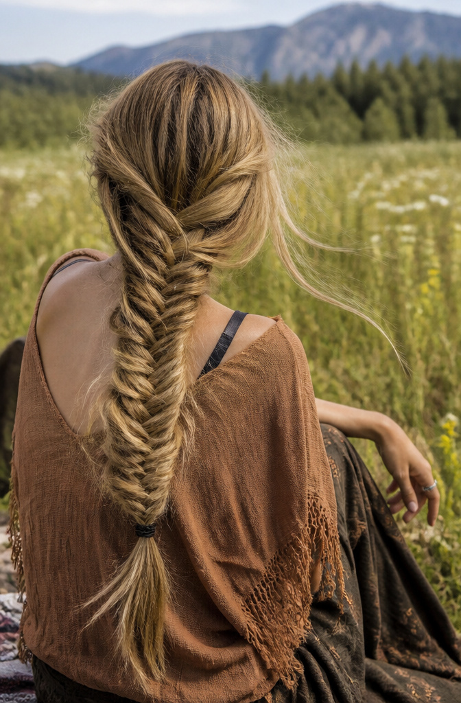 10 Hippie Hairstyles That Defined the 1960s and Still Work in 2026 3 A model showcasing a fishtail braid in a sunlit meadow.
