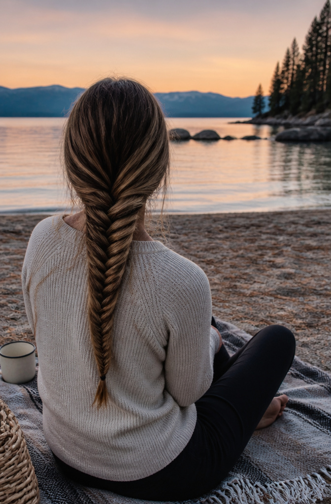 20 Pretty Hairstyles with Braids for 2026 3 Woman with medium hair styled in a fishtail braid sitting on a picnic blanket.