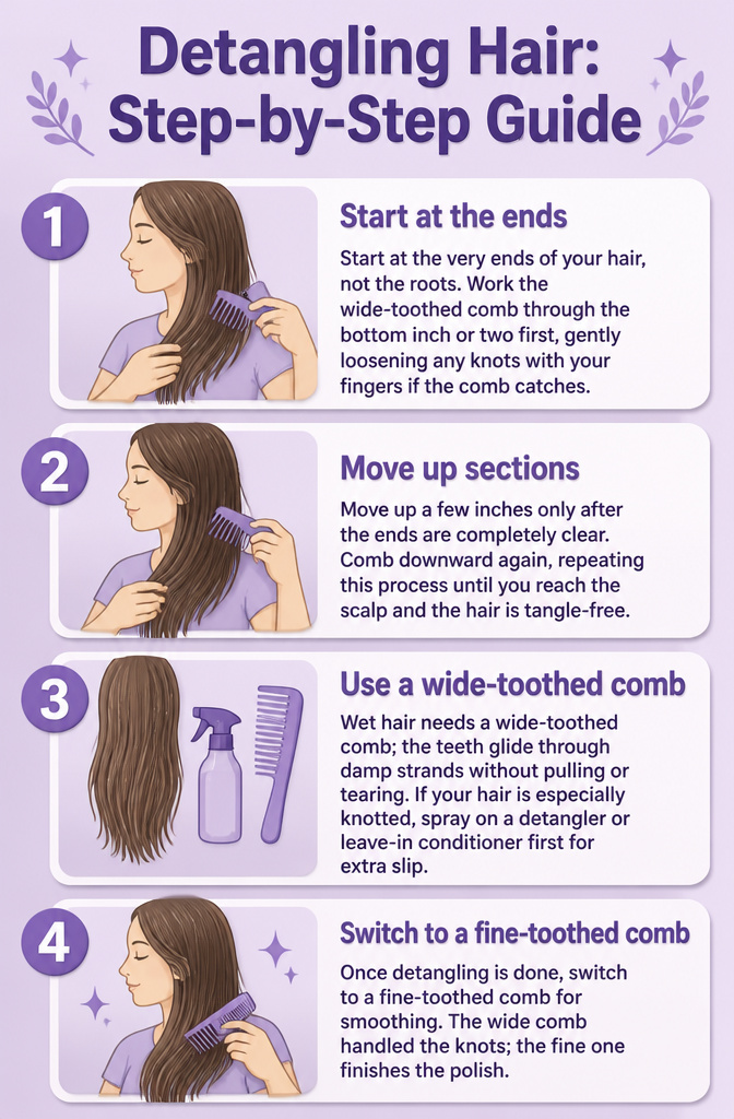 How to Comb Hair: 6 Ways to Style, Detangle, and Protect 3 Step-by-step guide on how to detangle hair.