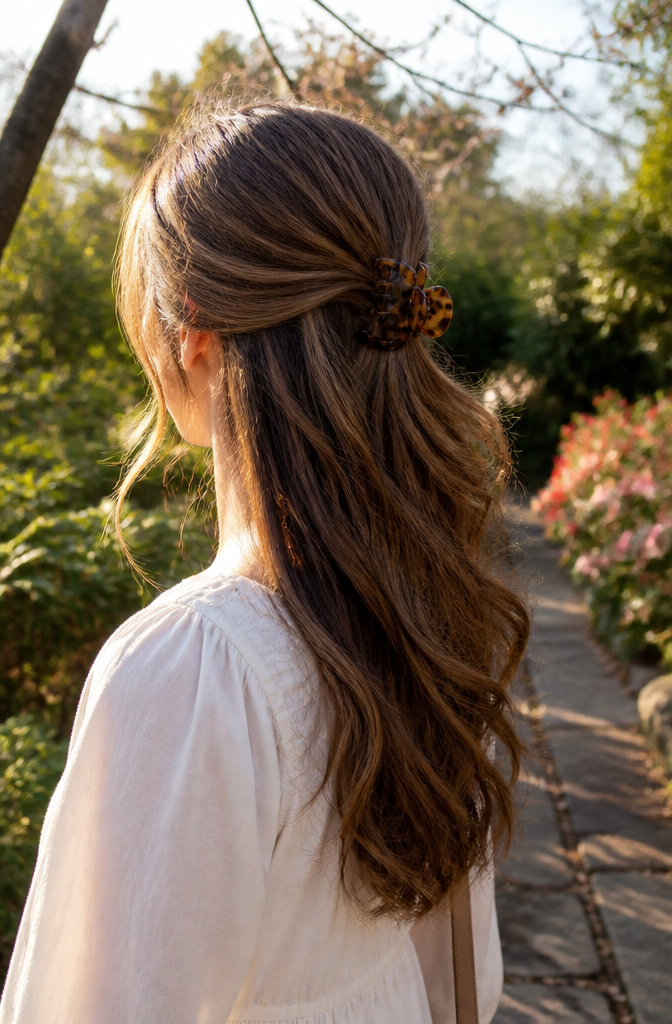 17 Half Up Half Down Hairstyles Claw Clip Ideas for 2026 4 Woman with loose tendrils in a half-up half-down hairstyle.