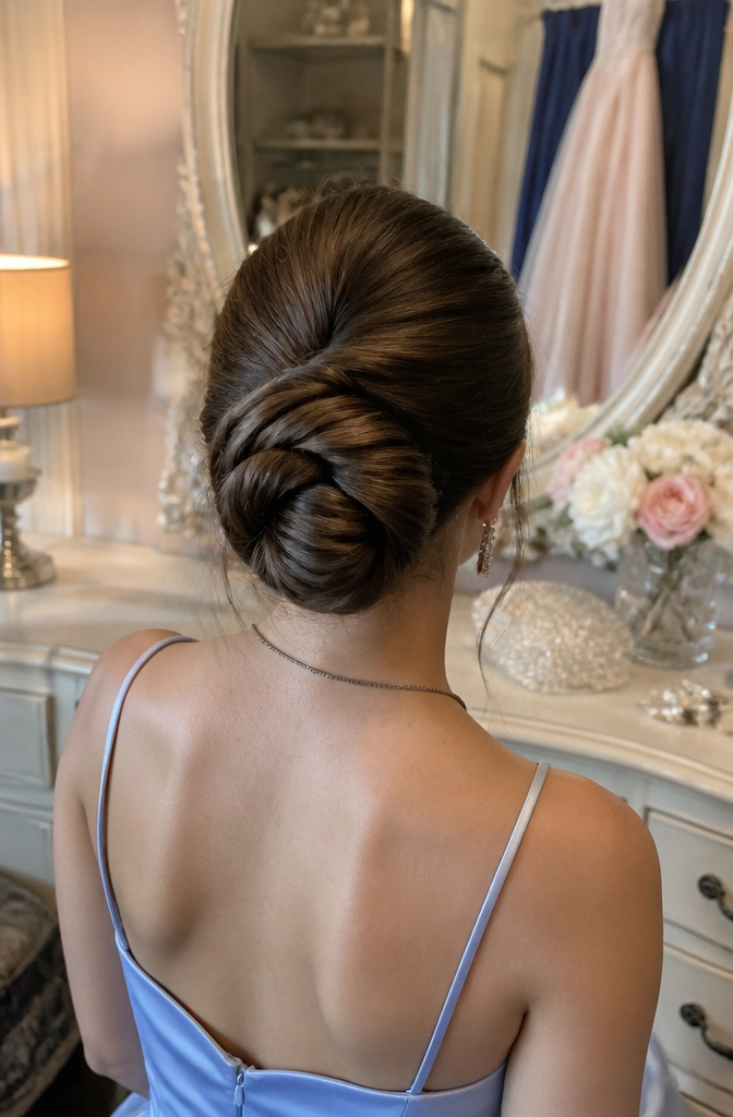 20 Prom Hairstyles for Long Hair: Ideas for 2026 4 A twisted bun hairstyle with a smooth spiral pattern.