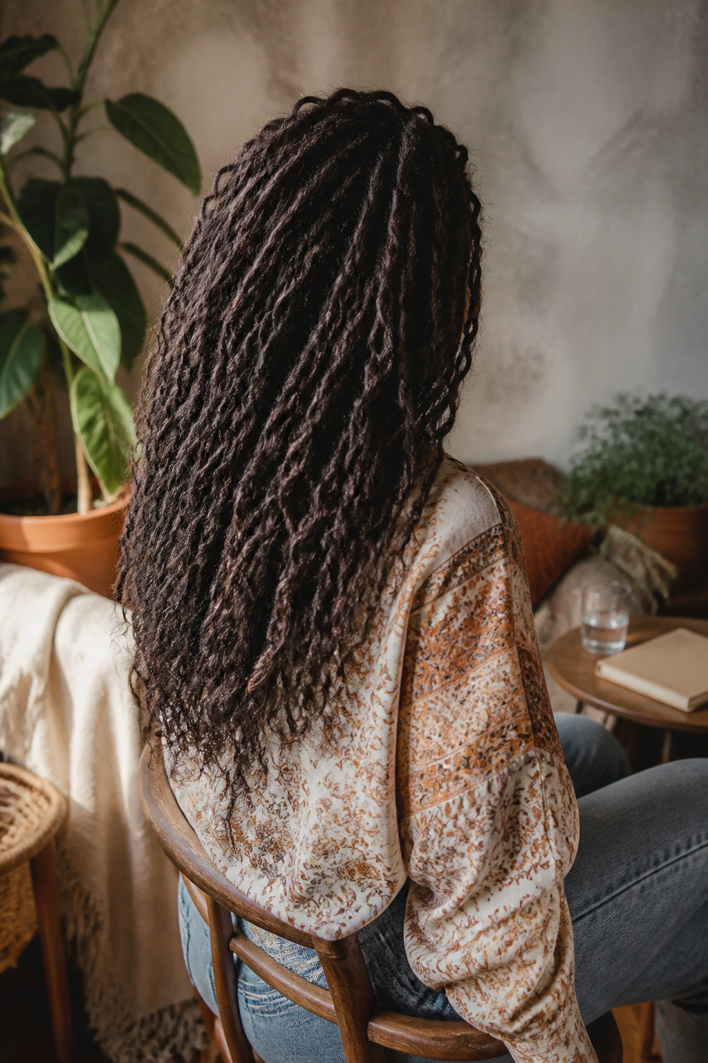 15 Crochet Braids Styles for 2026: From Box Braids to Butterfly Locs 4 Model displaying crochet faux locs in an artistic studio setting.