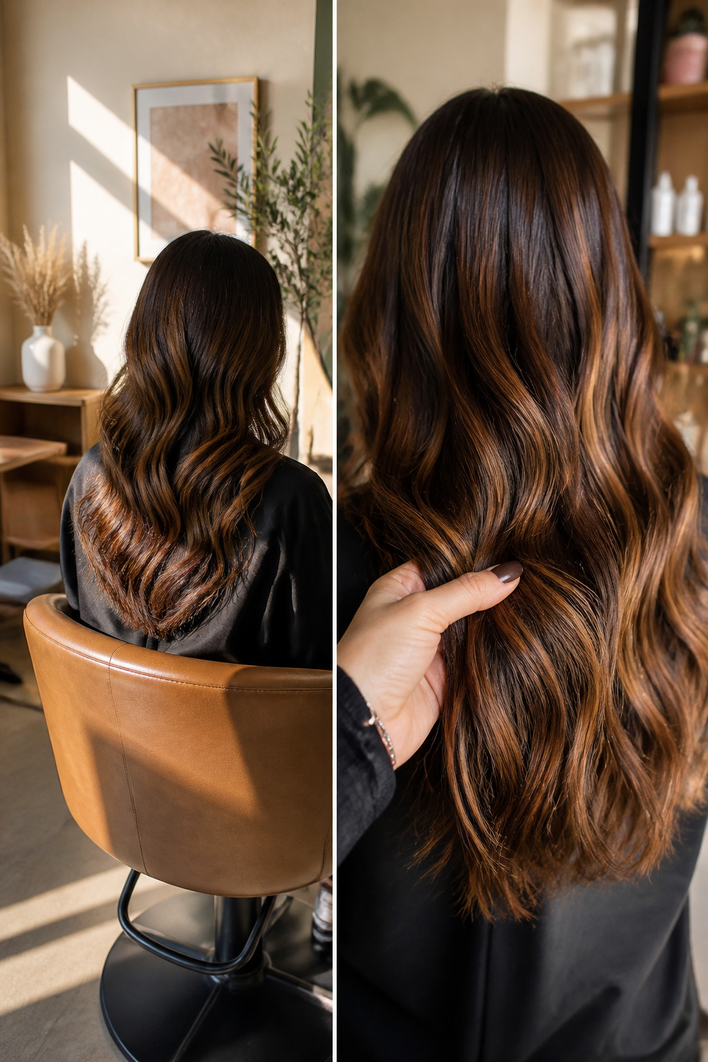 A model showcasing chocolate brown hair with caramel balayage highlights.