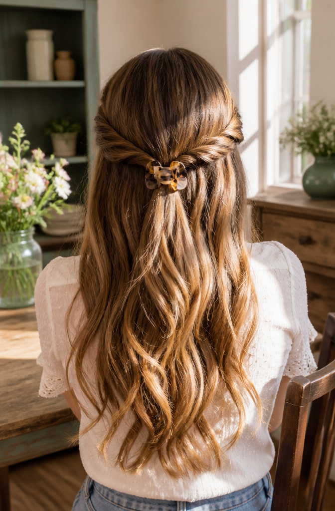 10 Hair Clips Hairstyles for 2026: French Twist, Half-Up, Bun & More 4 Twisted half-up hairstyle with loose waves and a small clip.