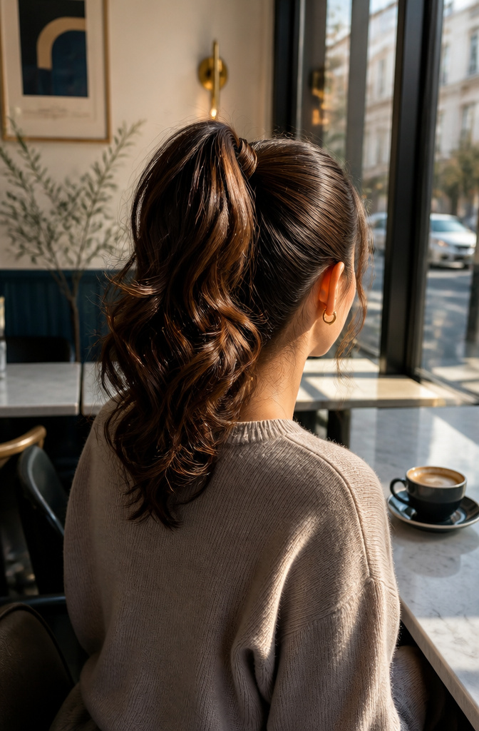 20 Easy Hairstyle Ideas You Can Do in Minutes (2026) 4 A model with a high, bouncy ponytail in a café setting.