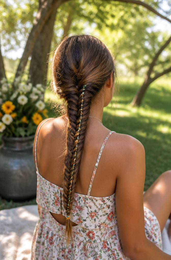 A model with a fishtail braid featuring small beads in an outdoor setting.