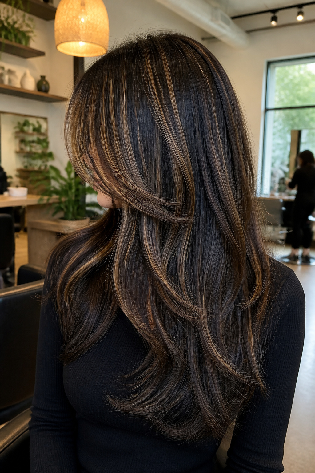19 Trending Long Layered Hair with Bangs Styles for 2026 4 Model displaying dark layered hair with caramel ribbon highlights.
