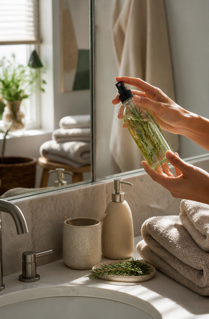 Rosemary Water for Hair Growth: How to Make and Use It at Home 4 A stylish bathroom sink with rosemary water bottle and towels.