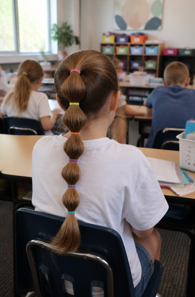 8 Simple Hairstyle Types for School: Quick Morning Styles for 2026 4 Girl with a bubble ponytail sitting in a bright classroom.