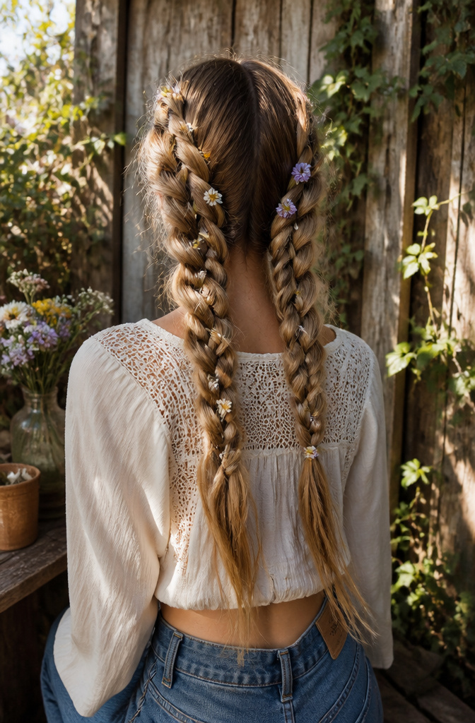 10 Hippie Hairstyles That Defined the 1960s and Still Work in 2026 4 A model with two Dutch braids against a vintage wooden fence.