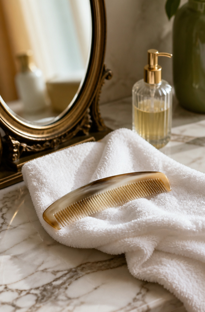 How to Comb Hair: 6 Ways to Style, Detangle, and Protect 4 Fine-toothed horn comb on a white towel.