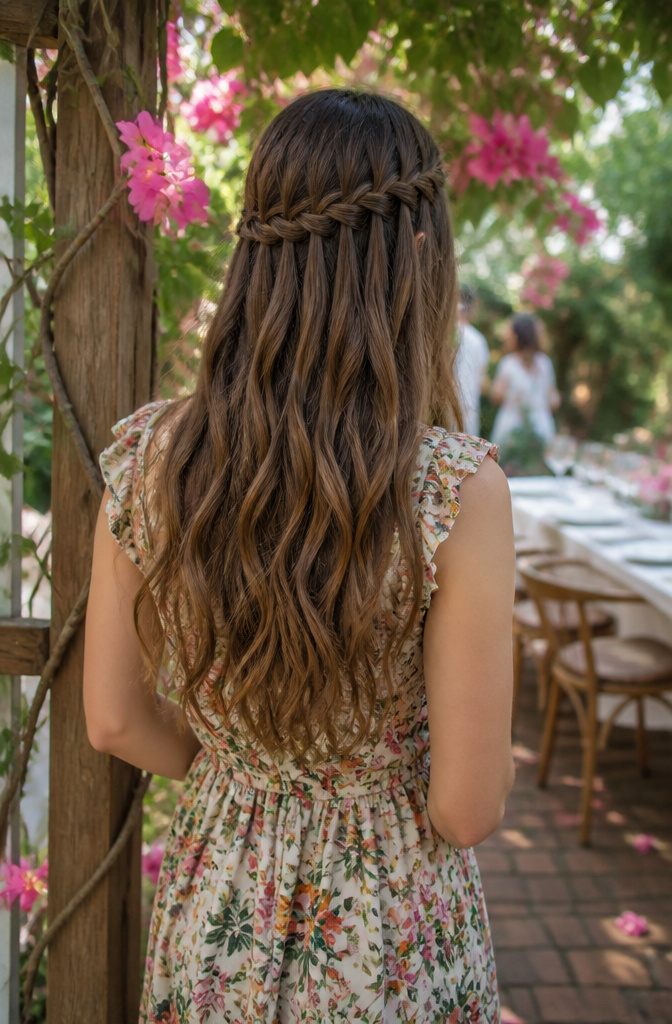 20 Pretty Hairstyles with Braids for 2026 4 Woman with a waterfall braid surrounded by green vines and soft light.