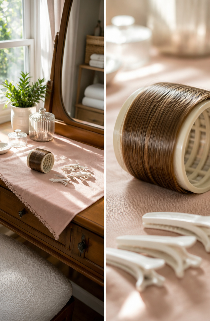 A photograph showing the process of using jumbo rollers on hair.