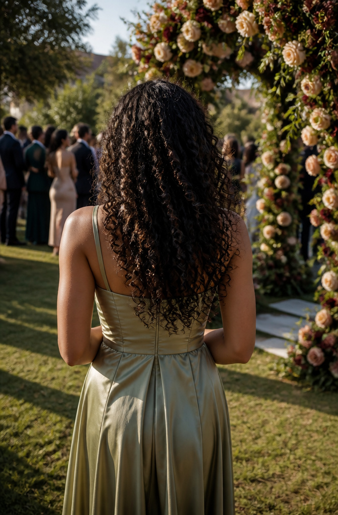 12 Bridesmaid Hairdo Ideas for 2026: Updos, Braids, Waves & More 4 Bridesmaid with defined natural curls at a wedding ceremony.