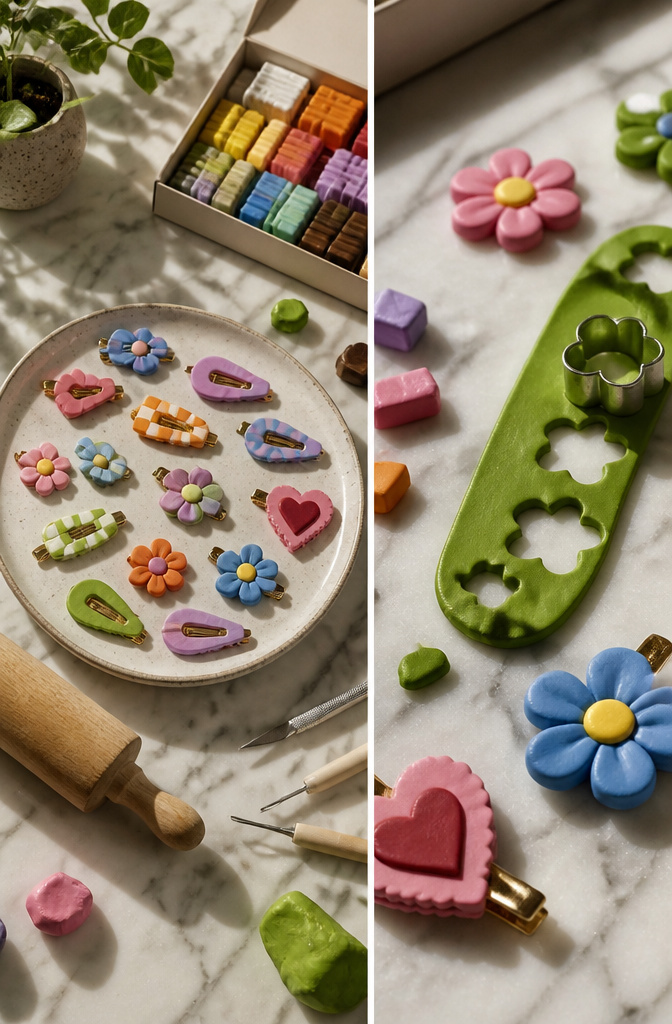 DIY Hair Clips: 12 Ideas for Statement, Bow, Beaded and More 4 Kneaded polymer clay rolled out for making various shapes for hair clips.