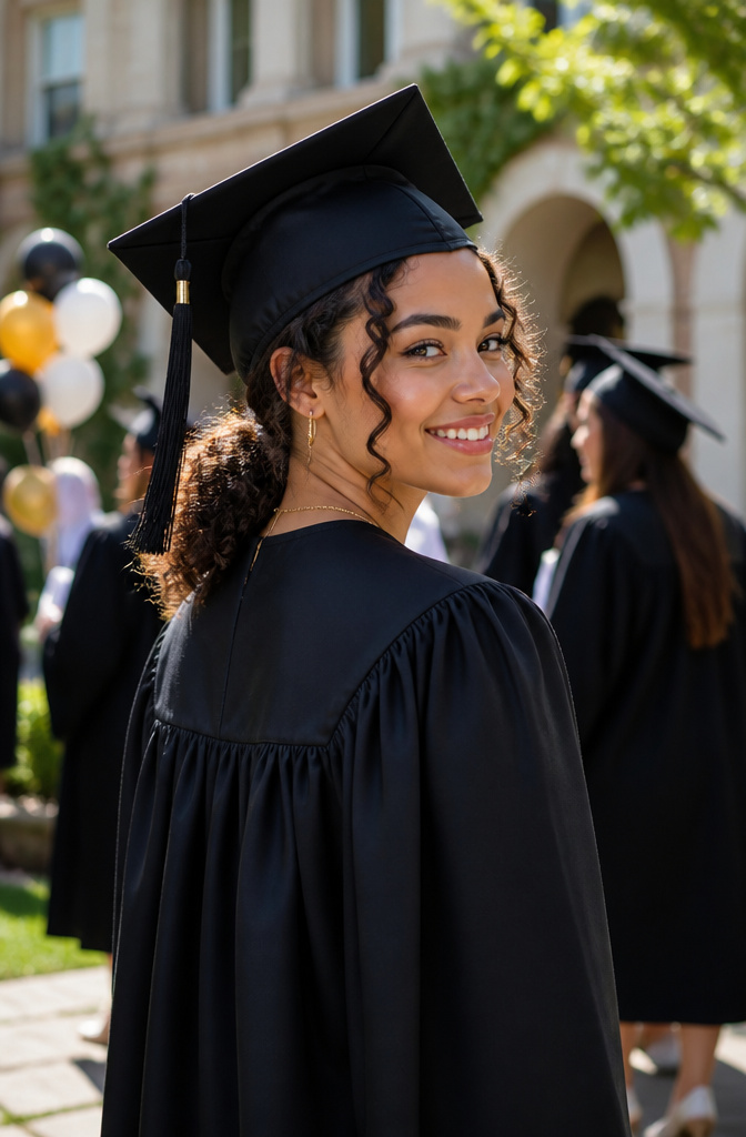 20 Down Hairstyles for Graduation That Work with a Cap 4 Graduate showcasing a curly ponytail with soft curls around her face.