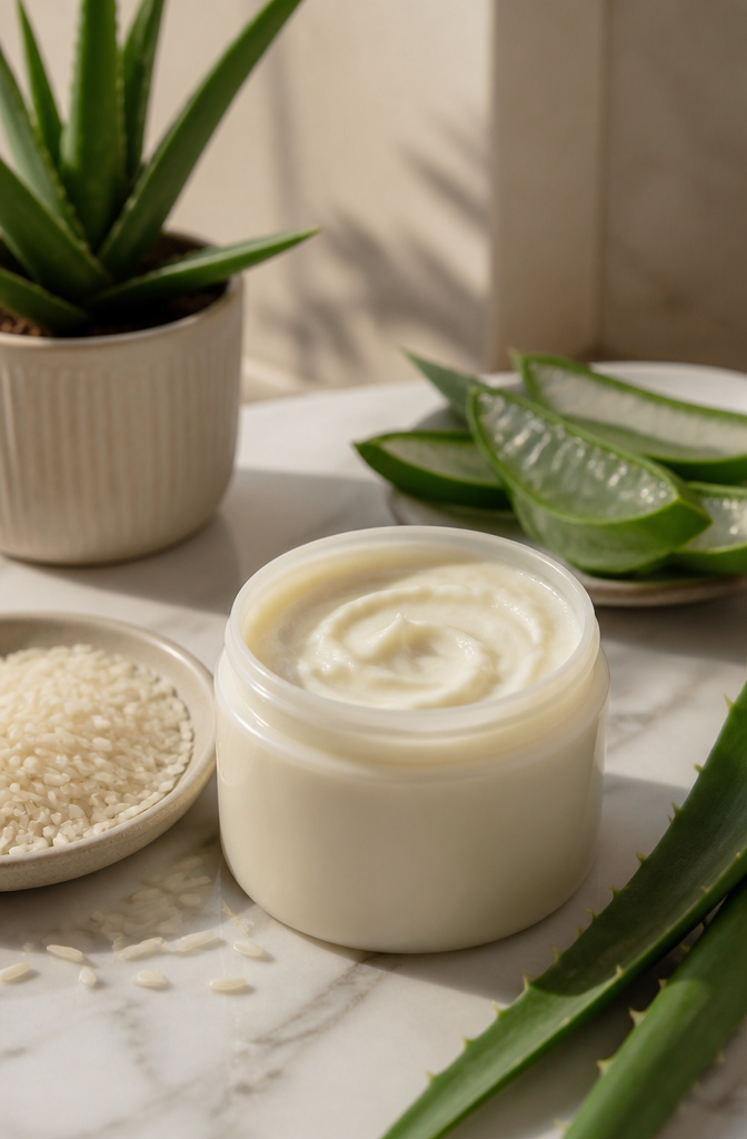 A container of Mielle Rice Water and Aloe Vera Deep Conditioner with aloe leaves.