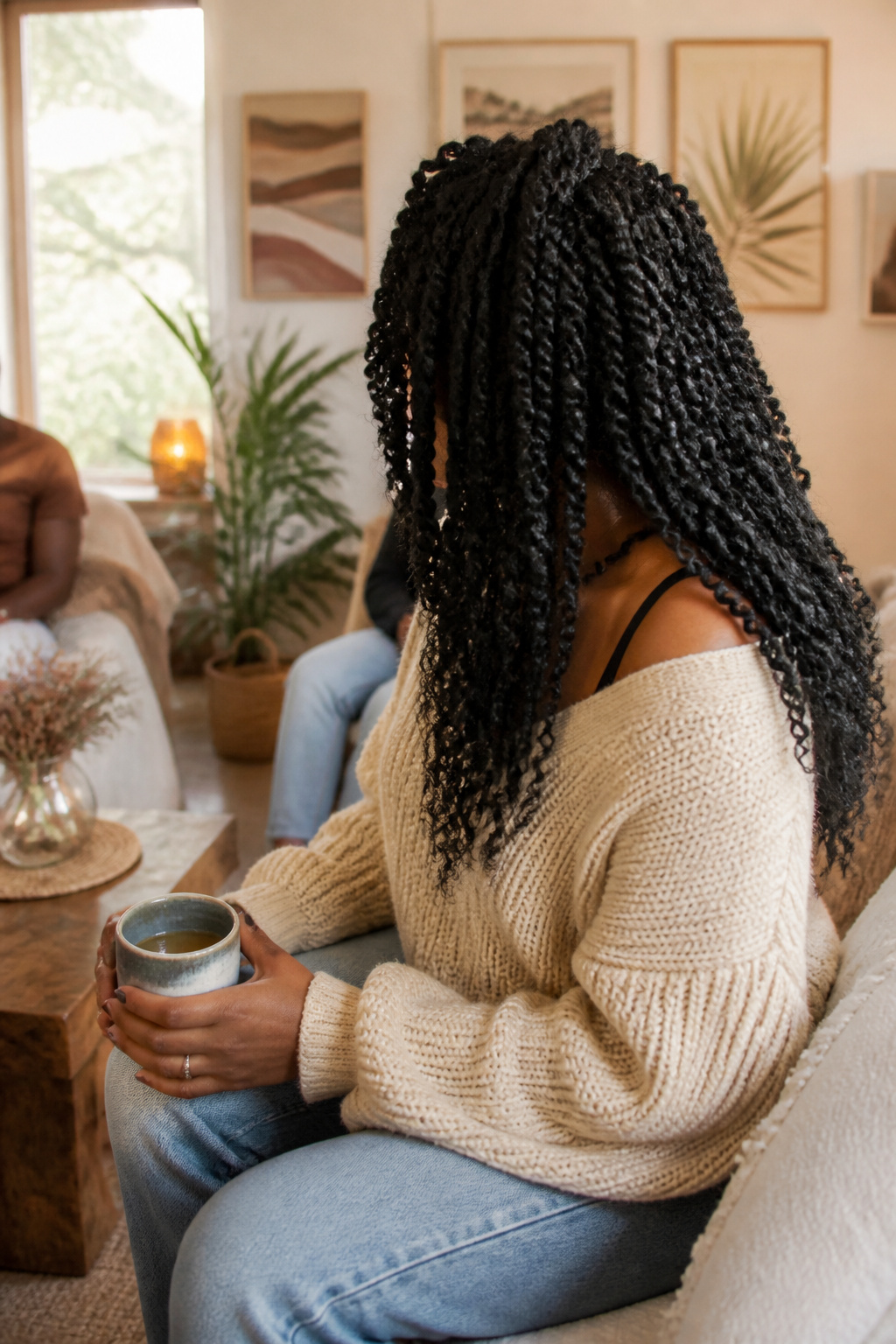 15 Crochet Braids Styles for 2026: From Box Braids to Butterfly Locs 5 Model with passion twists styled in a cozy living room.
