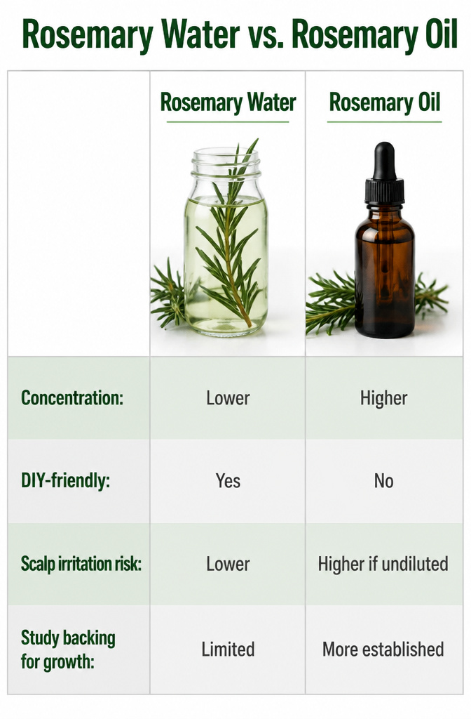 Rosemary Water for Hair Growth: How to Make and Use It at Home 5 An infographic comparing rosemary water to rosemary oil.
