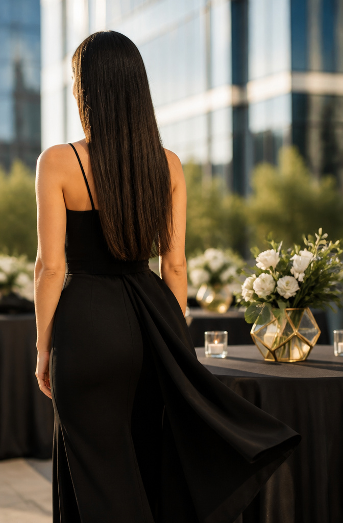 12 Bridesmaid Hairdo Ideas for 2026: Updos, Braids, Waves & More 5 Bridesmaid with sleek straight hair styled for a wedding.