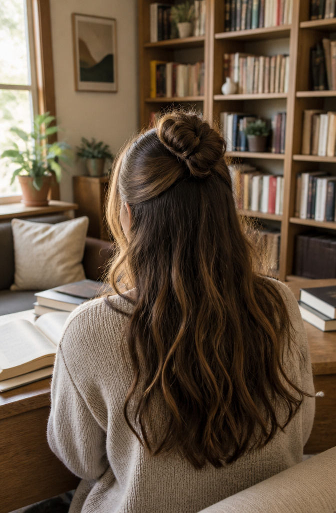 8 Simple Hairstyle Types for School: Quick Morning Styles for 2026 5 Girl with a half-up bun in a cozy library.