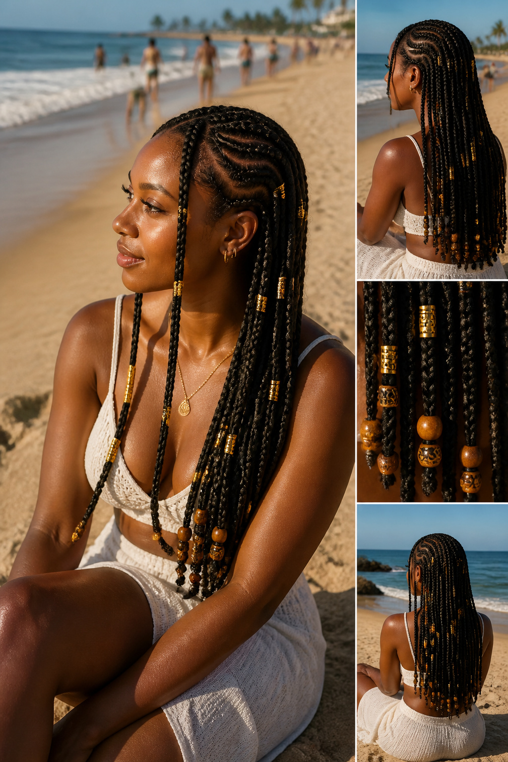 A woman with Fulani braids decorated with beads and shells.